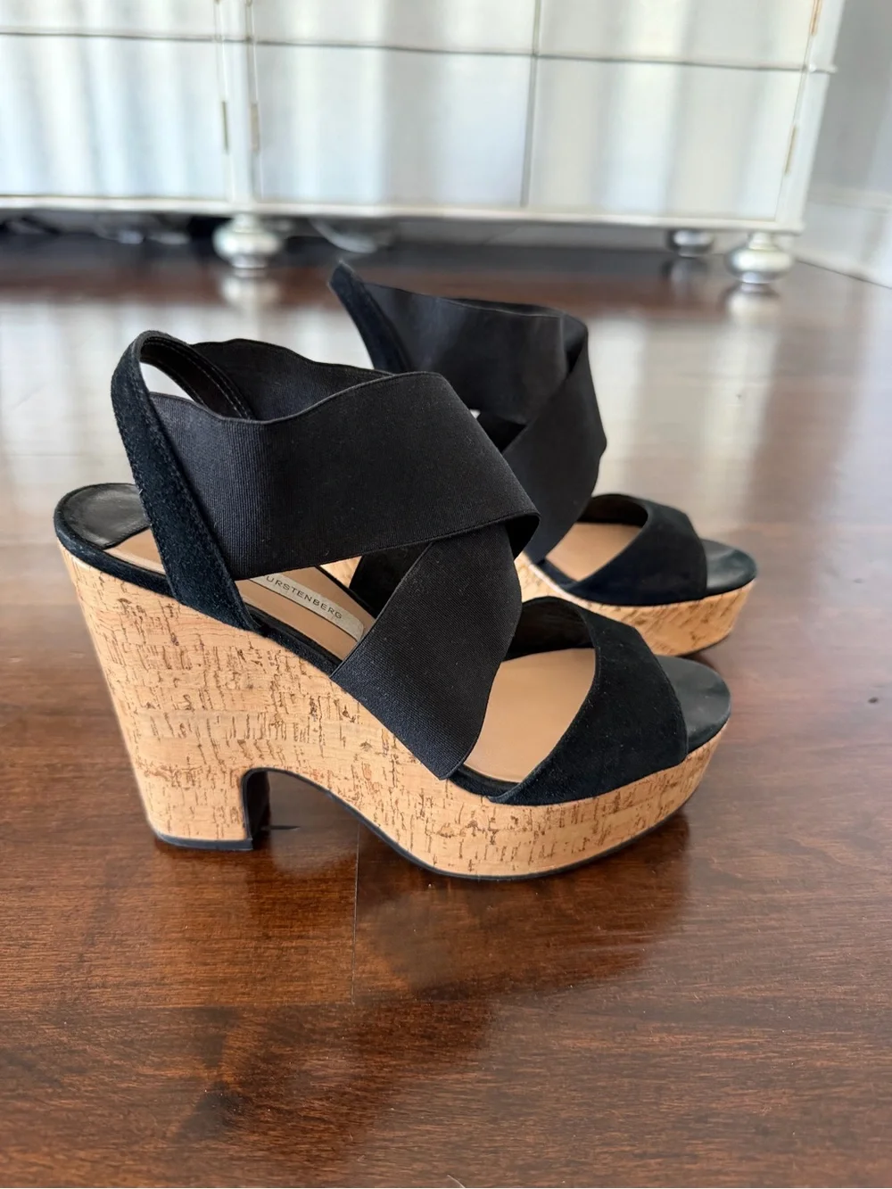 Diane von Furstenberg Black Cork Platform Sandals in Black, Size 38.5 (8.5)